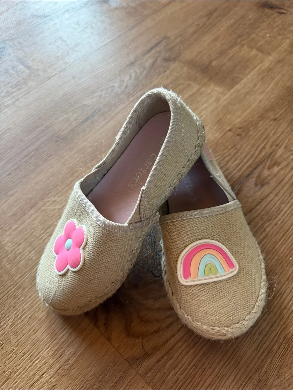 New! Carter's Beige Canvas Slip-Ons with Pink Flower & Pastel Rainbow
